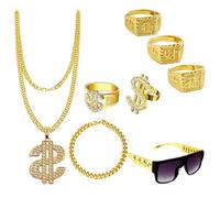 Achbeah Disfraz de chulo de los 80 y 90, accesorio de estilo retro, disfraz de rapero, cadena de oro, collar de dólar, gafas de sol, anillos Hanzi, ideal para carnaval, fiesta temática de hip hop