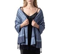 Achillea Bufanda de dos tonos de jacquard de cachemira pashmina, Azul Acero, 72"L x 28"W