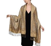 Achillea Bufanda Pañuelo reversible suave y sedosa con flecos, gris/dorado, 28''W x 76''L