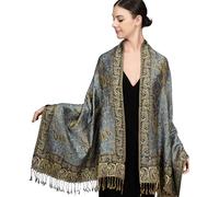 Achillea - Bufanda reversible tipo pashmina de cachemira, chal para vestidos de noche, bufandas indias exóticas para todas las estaciones, Azul Acero, 28"W x 76"L