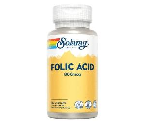 Ácido fólico 800 mg 100 cápsulas Solaray - suplemento de folato para dieta