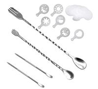 ACKLLR Juego de 36 piezas de cafetera artística, 32 plantillas de decoración de café + 2 bolígrafos con leche + 2 unidades de cuchara de mezcla con patrón en espiral, tenedor 2 en 1 para mousse