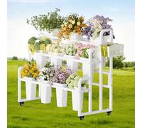 ACLFF 3 Niveles Expositor Metálico para Flores, Barra para Flores con 11 Cubos, Ruedas Giratorias de 360° y Cesta para Herramientas, Ideal para el Jardín o para Ramos de Floristería