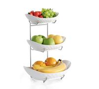 Acliys Cuenco de frutas, cesta de cerámica de 3 niveles, soporte para servir de 3 niveles con estante de metal, cuencos de cocina de porcelana para frutas, verduras, aperitivos, nueces, postres,
