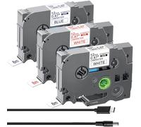 Acmerota Cinta de etiquetas para Brother P-touch 12 mm TZe-231 TZe-233 TZe-232 para PTouch Label Maker D200BW D600VP P750W E100 H105WB D400VP Negro/Azul/Rojo sobre blanco con cable de carga USB