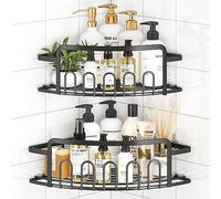 ACMETOP Estante Esquina Ducha Sin Taladros (Pack 2) - Organizador Baño Acero Inox 304 - Balda con 10 Ganchos y 4 Adhesivos - Para Ducha, Baño o Cocina (Negro)
