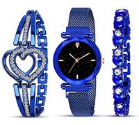 Acnos® Reloj analógico con esfera negra y pulsera de regalo para mujeres o niñas (combo de 3), Azul