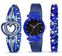 Acnos® Reloj analógico de alta calidad con esfera negra e imán, pulsera de regalo para mujeres o niñas, combinación de 3, Diamante-azul, Correa