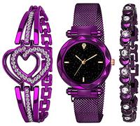 Acnos® Reloj analógico de alta calidad con esfera negra e imán, pulsera de regalo para mujeres o niñas, combinación de 3, violeta, informal