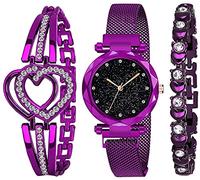Acnos® Reloj analógico de alta calidad con esfera negra e imán, pulsera de regalo para mujeres o niñas, combinación de 3, Diamante-púrpura, Correa