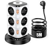 Acodot Regleta Enchufes Proteccion Sobretension Múltiple Enchufes con 12 Enchufes de Seguridad, Regleta Enchufes con 1 Rápida USB-C y 2 USB-A Regleta Vertical Torre Enchufe, 5M Cordón 2500W