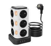 Acodot - Regleta múltiple con 12 enchufes con USB, protección contra sobretensiones, torre con 4 interruptores, diseño original, luz nocturna y 3 puertos USB, cable de 3 m, 2500 W para oficina