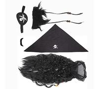 ACOGEDO Juego de Barba Falsa de Pirata Negro Realista para Halloween: Autoadhesivo y Reutilizable, Completo con Bigote, Peluca y Pañuelo para la Cabeza Adultos Niños Disfraz Fiesta