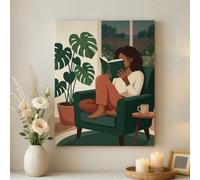 Acogedor arte de pared de lectura para interiores, impresiones en lienzo botánico verde y marrón, decoración estética moderna para sala de estar, dormitorio, salón, lienzo envuelto de 16 x 20 pulgadas