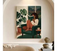 Acogedor arte de pared de lectura para interiores, impresiones en lienzo botánico verde y marrón, decoración estética moderna para sala de estar, dormitorio, salón, lienzo envuelto de 12 x 16 pulgadas