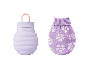 Acogedora botella de agua caliente de silicona para el invierno: calentador de manos de gel apto para microondas con funda de punto - Púrpura