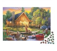 Acogedora cabaña Junto al Lago con Mascotas El Paisaje Puzzle 1000 Piezas Adultos - Rompecabezas, Desafiante, Decoración del Hogar, Regalo 70x50cm/1000pcs