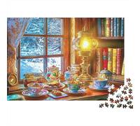 Acogedora Sala de Lectura Té de la Tarde Puzzle de 1000 Piezas Papel para Adultos Vista Invernal Ventana Familia Relajación Decoración Regalo 38x26cm/1000pcs