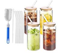 ACOMTUO 4 Piezas Vaso de Cerveza con Tapa y Pajita, 500ml Vasos con Tapa y Pajita, Vaso Cristal con Tapa y Pajita con Tapas de Bambú y Popotes para Café Congelado, Cerveza, Cócteles