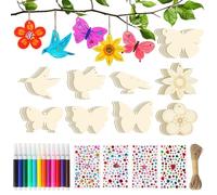 ACOMTUO 62 Piezas Juegos De Manualidades De Madera, Madera Manualidades Niños con Pájaros, Mariposas etc, con Pegatinas y Pinceles Juego Wood Colorear Artesanías Infantil