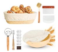 ACOMTUO Juego de Cesta de Fermentación para Pan,Accesorios para Hornear Pan,23 cm Redonda y 25 cm, Cesta Ovalada de pan, 100% Ratán Natural, Incluye Espátula para Masa, Inserto de Lino, Agitador