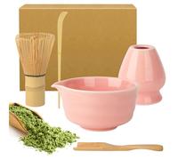 ACOMTUO Set de Matcha Rosa, Tazón de Matcha con Vertedor, Soporte de Batidor de Cerámica y Cuchara, Set de Matcha de 5 Piezas Diseñado para los Amantes del Matcha