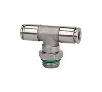 Acoplamiento en T, giratorio, G 1/4 A, para manguera de diámetro exterior de 8 mm, presión de trabajo máx. 15 bares, acero inoxidable 1.4404.