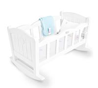 Acorn Avenue My Baby Doll's Sweet Dreams - Cuna mecedora de juguete de imitación de madera con ropa de cama para muñecas, juguete clásico para guardería