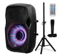 Acoustic Audio by Goldwood Altavoz Bluetooth de 1000 W con LED Intermitente, Gran Sistema PA enchufable con Soporte, micrófono y Control Remoto para Karaoke, DJ o Fiesta de portón Trasero