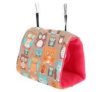 Acouto Hamaca Colgante Cálida para Loros y Pájaros, Cama Nido Esponjosa de Felpa para Ardillas y Hámster, El Patrón de Búho El Fondo Rojo Rosa Son Cómodos Suaves. El Uso Se Lava Seca la Tela. (Búho