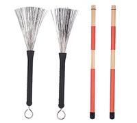 Acouto Par de Varillas + Par de Cepillos con Bolsa de Almacenamiento para Música Folclórica de Jazz, Baquetas, Baquetas, Varillas, de Tiro, Rojas