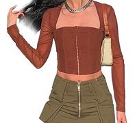 Acouto Top con Corchetes Panel de Manga Larga Malla Cuello Cuadrado Blusa con Corchetes Ajustada a la Moda para Citas Malla Blanca M Que la única Figura de Que No Acentúa el Diseño de Las Mujeres Es