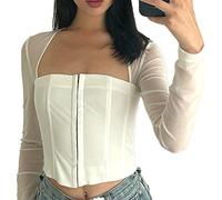 Acouto Top con Corchetes Panel de Manga Larga Malla Cuello Cuadrado Blusa con Corchetes Ajustada a la Moda para Citas Malla Blanca M Que la única Figura de Que No Acentúa el Diseño de Las Mujeres Es