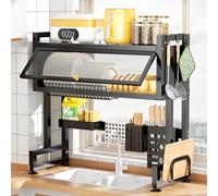 ACRaBoss Escurreplatos de 3 Nisobre el Fregadero - Estante de Cocina Que Ahorra Espacio para Platos, Tazones Y Cubiertos con Tapa - Negro, 85 cm de Ancho - Solución de Secado Organizada Y Eficiente/Bl