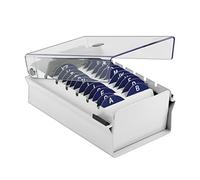 Acrimet Caja para Tarjetas de Visita, Porta Tarjeta de Negocio, Incluye Tarjetas de Índice AZ 95mm X 68mm y Separador (Base de Metal Color Blanco y Tapa con bisagras de Plástico Transparente)