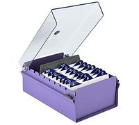 Acrimet Porta Tarjeta 3"x 5", Organizador de Fichas, Base de Metal Resistente (Incluye Índice AZ y un Divisor de Plastico) (Base Morado y Tapa de Plástico Transparente)