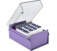 Acrimet Porta Tarjeta 4"x 6", Organizador de Fichas, Base de Metal Resistente (Incluye Índice AZ y un Divisor de Plastico) (Base Morado y Tapa de Plástico Transparente)