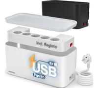 ACROPAQ Caja Cables con Regleta - Cable Organizador (30x14x14 cm) con 5 Enchufes, 3X USB-A Cargador Rápido para Smartphones & Tablets, Interruptor On/Off, 2m Cable, Blanco - Caja Cables