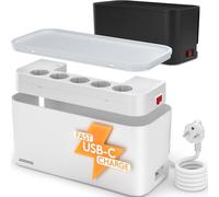 ACROPAQ Caja Cables con Regleta - Cable Organizador (30x14x14 cm) con 5 Enchufes, USB-C PD & USB-A QC 3.0 Cargador Rápido, 2m Cable, Blanco - Caja Cables, Protección Sobretensión