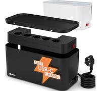 ACROPAQ Caja Cables con Regleta - Cable Organizador (30x14x14 cm) con 5 Enchufes, USB-C PD & USB-A QC 3.0 Cargador Rápido, Protección Sobretensión, 2m Cable, Negra - Caja Cables