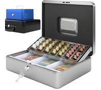 ACROPAQ Caja metalica con llave - Grande 24 x 30 x 9 cm, Caja caudales con tablero contador de monedas - Caja fuerte con llave, Caja de caudales - Plata - 10005S