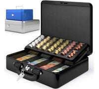 ACROPAQ Caja fuerte portátil de caudales - (30 x 24 x 9 cm), Con bandeja para conteo de monedas, Estuche premium, con 2 llaves incluidas, Negro - Caja dinero