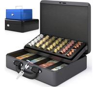 ACROPAQ Caja de efectivo Premium - Con cerradura, Caja dinero Grande, 30 x 25 x 9 cm, Contador de monedas, Estuche más grueso, Asa de transporte robusta - Caja Caudales, Caja fuerte - Gris