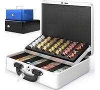 Caja Fuerte Portátil - Premium, Grande, Con portamonedas, Contador de monedas - Caja metálica con llave, Caja caudales, Caja dinero, Caja de caudales - Blanco - ACROPAQ