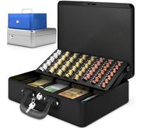 ACROPAQ Caja fuerte portátil de caudales grande - (35,8 x 27,3 x 11 cm), Con bandeja para conteo de monedas, Estuche premium, con 2 llaves incluidas, Negro - Caja dinero
