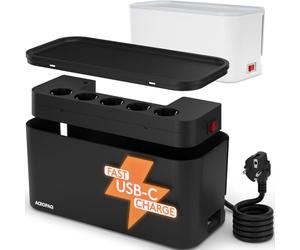 ACROPAQ Caja organizadora Cables con regleta enchufes - Carga Ultrarrápida, 5 Tomas, 3 USB C), 30 x 14 x 14 cm, 2M de Cable - Caja para Cables, Organizador Cables Caja, Organizador Cables - Negra