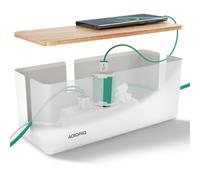 ACROPAQ Caja organizadora Cables - Esconder Cables con Tapa de bambú, Mediana (30 x 12 x 11 cm), Antideslizante, Blanca - Caja para Cables, Organizador de Cables Caja