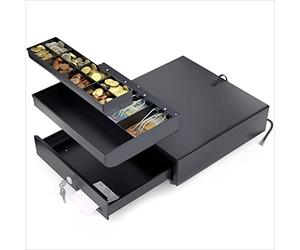 ACROPAQ Caja registradora - Apertura eléctrica con conexión RJ11, 33 x 33 cm, Con caja monedas, Encajable bajo cantador - Cajon caja registradora, Caja registradora negocio - Negro