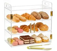Acryvic Vitrina de 3 bandejas para encimera de panadería con puerta automática elástica, 49.5cm x 26cm x 38cm, vitrina acrílica transparente para repostería de pan, postres, galletas