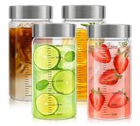 Acsatont Botellas de Vidrio 300 ML con Tapa de Acero Inoxidable, 4 Piezas Botellas de Vidrio con Escala de MedicióN, Botella de Batido Reutilizable Para Jugos, Pasta, Harina, Sin BPA (300ML)